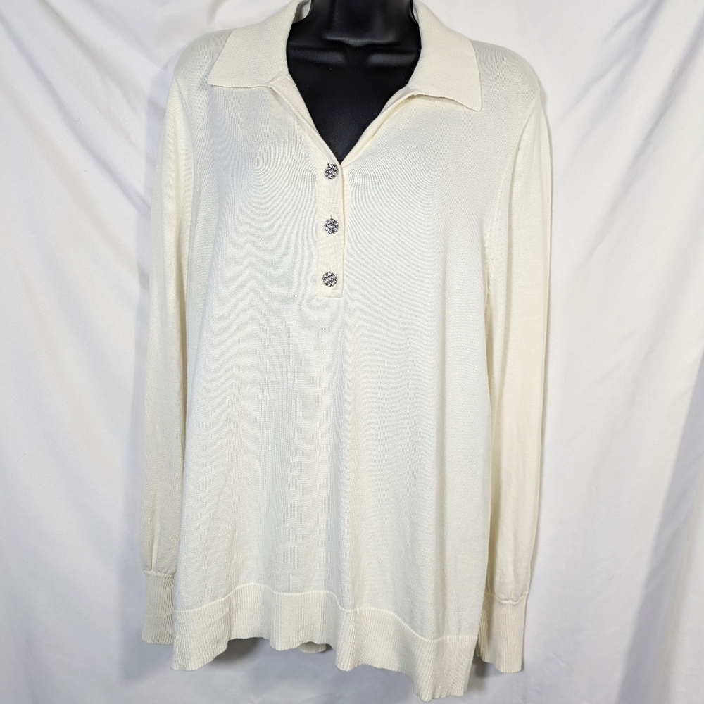 Isaac Mizrahi Women's Cream Polo Long Sleeve Sweater Cute Buttons Cotton Blend L